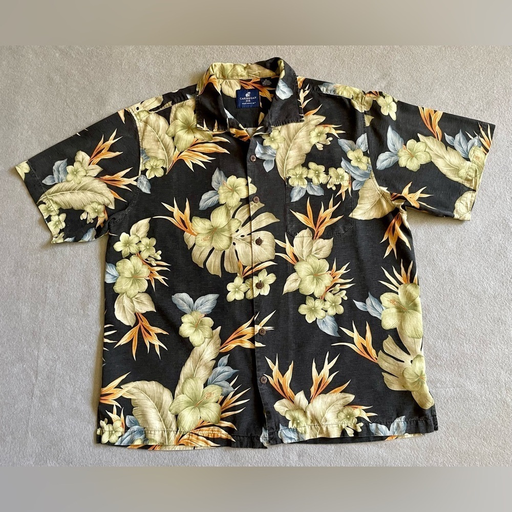 Caribbean Joe Men’s XL Hawaiian Shirt Black Floral Print Silk Button Down